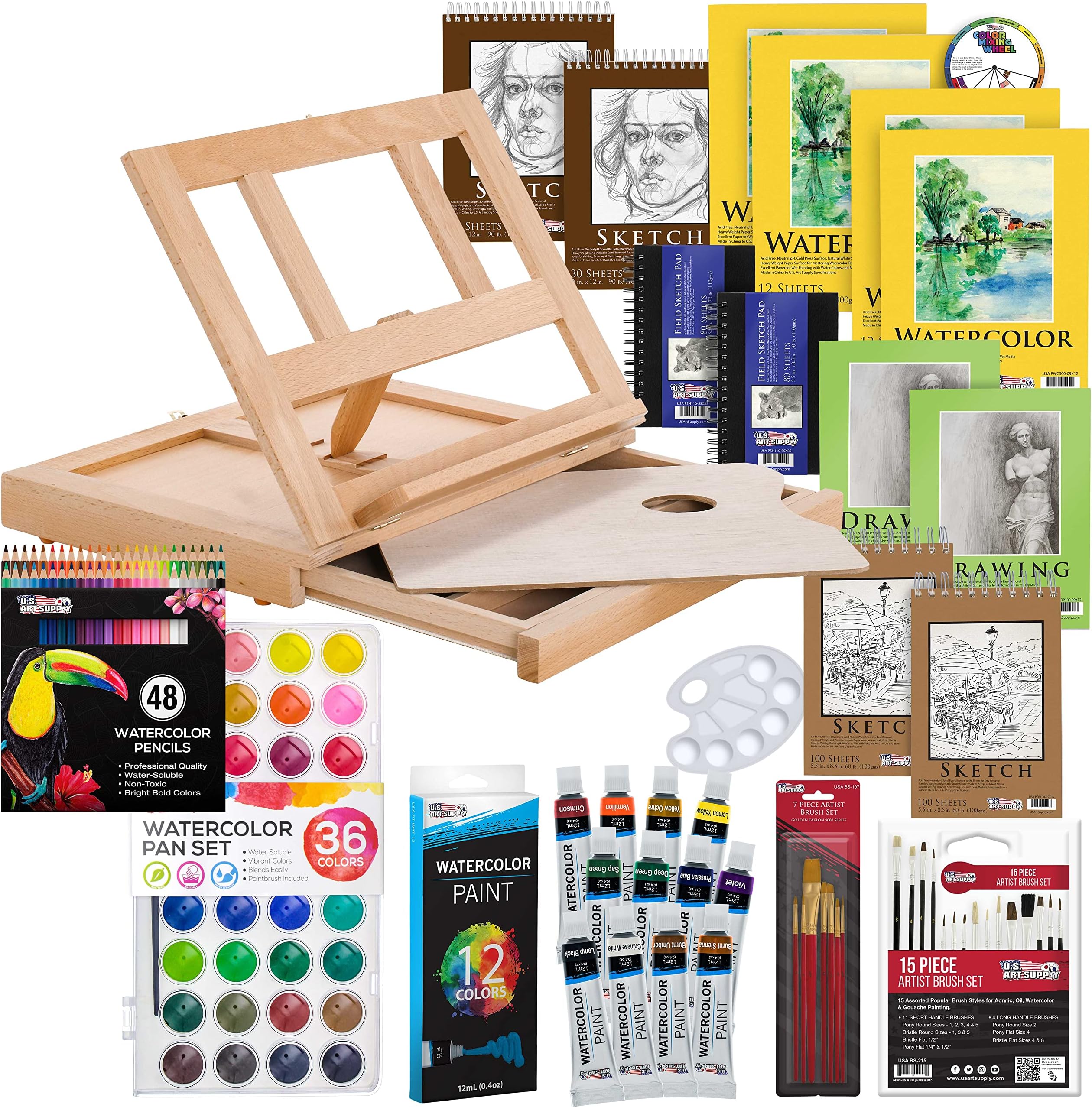 US Art Supply 136-Piece Deluxe Watercolor Painting & Sketch Drawing Set with Wood Drawer Table Easel - Colored Pencils, Watercolor Paint, Sketchbook, Drawing Paper Pads, Brushes, Pallete