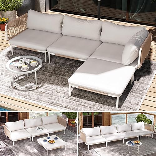 Juego de muebles de patio, muebles de patio al aire libre, sofá seccional de metal de gran tamaño, juego de conversación de 4 asientos con cojín