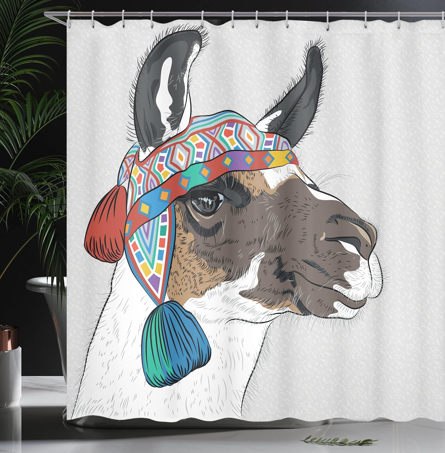 Ambesonne Llama Shower Curtain, Alpaca an Colorful Hat Peruvian Sketch Style Animal Abstract Pattern, Cloth Fabric Bathroom Decor Set with Hooks, 69" W x 70" L, Pale Grey Multicolor