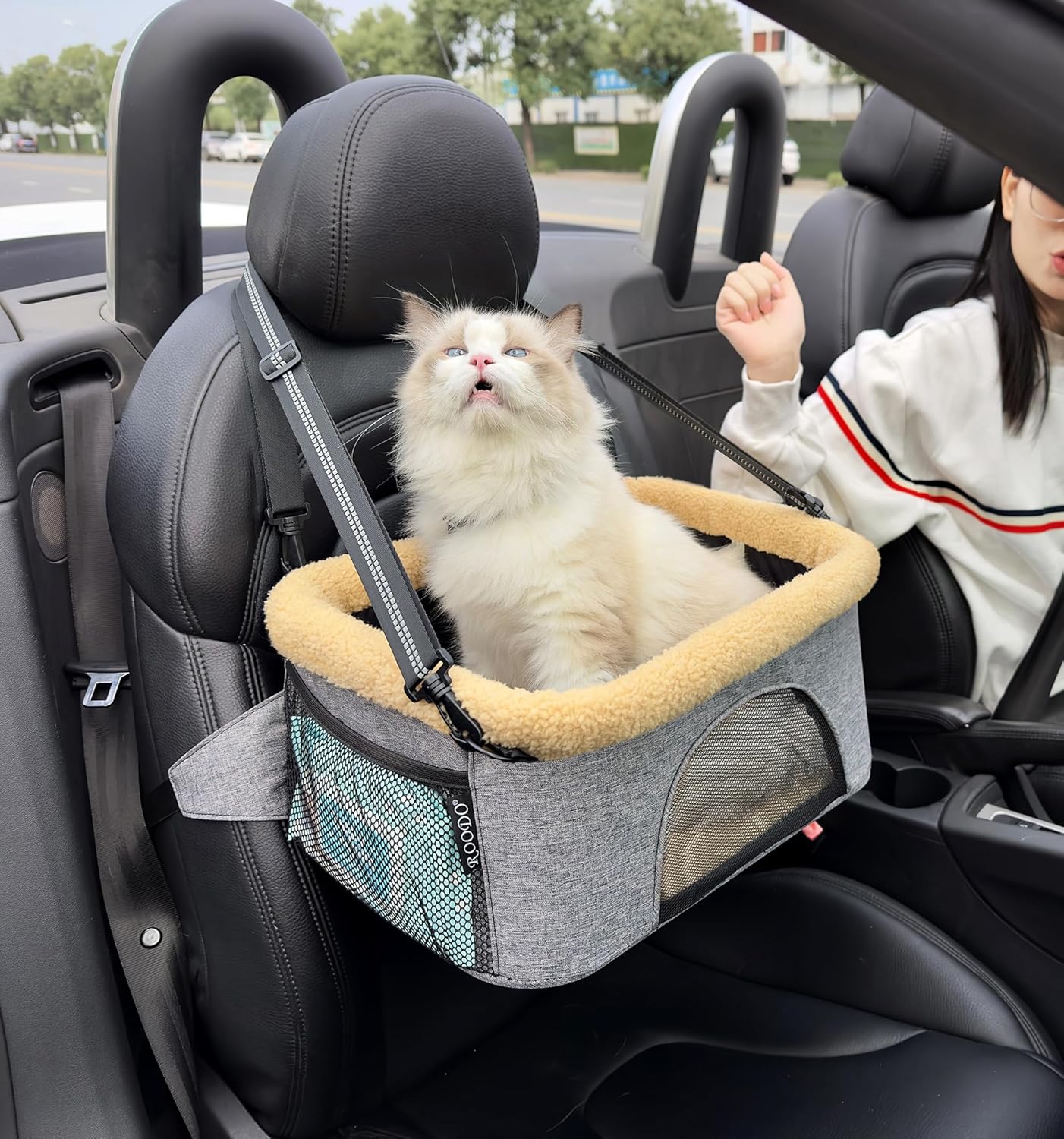 ROODO Dog Car Booster Seat & Carrier Sling 2 in1 Height-Adjustable Thickened Plush/Reflective Nylon Sling Foldable Metal Frame Portable Travel System Dog Car Seat for Under 20lbs Puppy and Cats(Gray