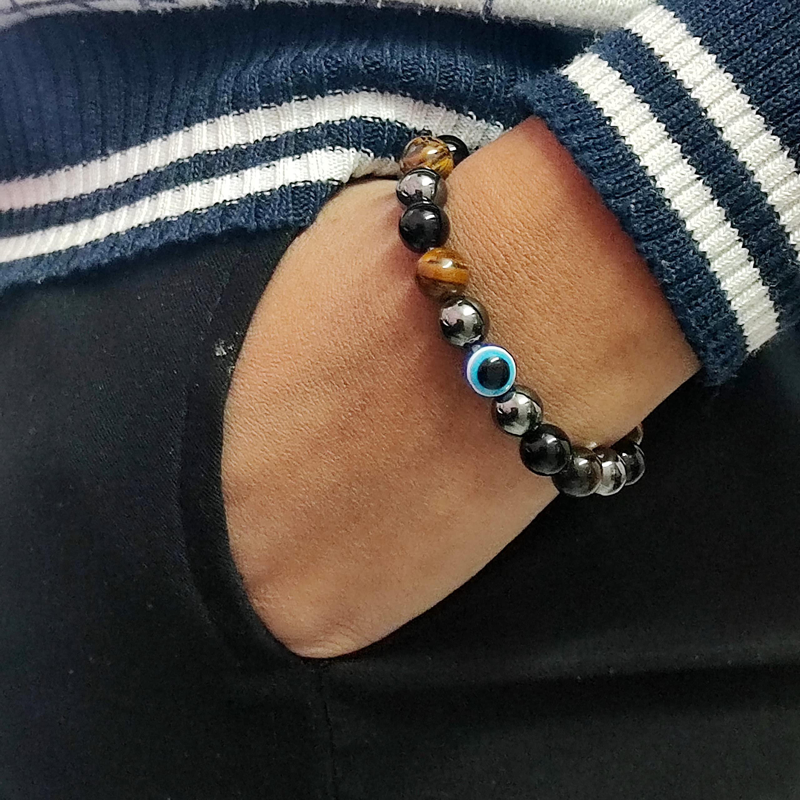 ASTROGHAR Natural Black Obsidian Hematite Tigers Eye Crystals Triple Protection With Evil Eye Crystals Bracelet For Men And Women, Standard, Crystal, Tiger's Eye