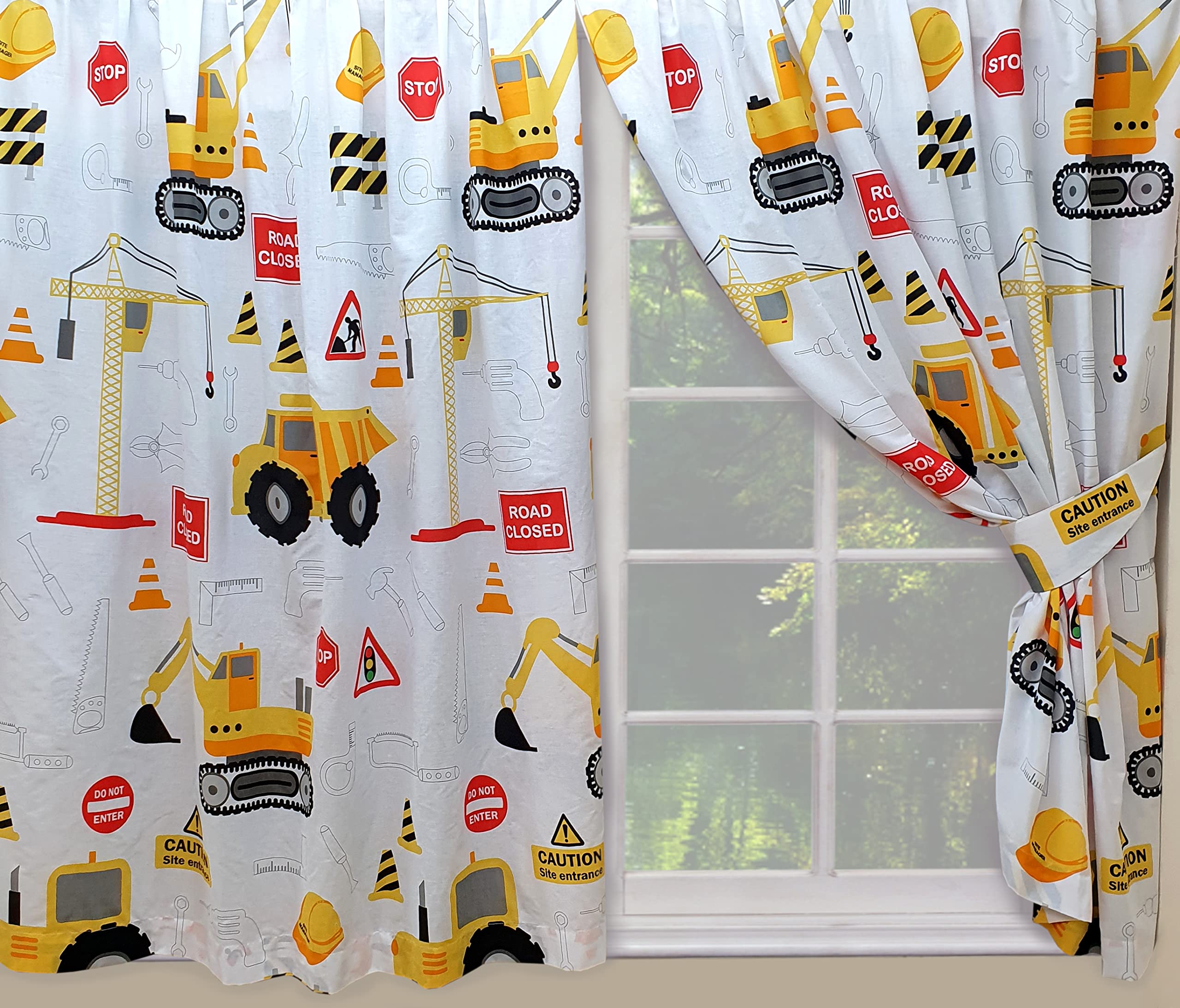 Construction 66" x 72" Digger Trucks Tools Unlined Pencil Pleat Curtains