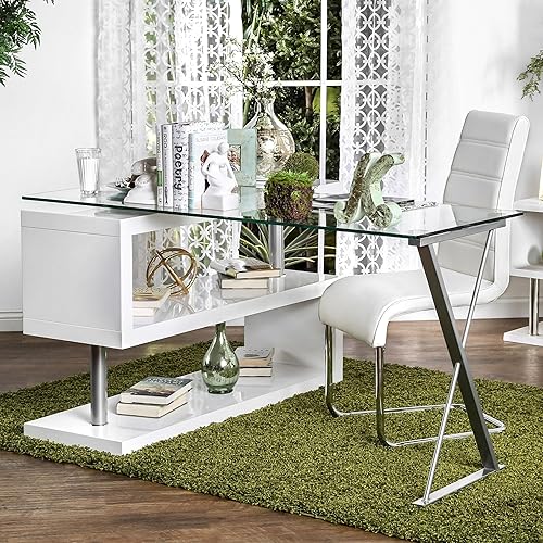 Miniatura 4 de Furniture of America Lilliana - Escritorio moderno giratorio de cristal en forma de S para oficina en casa, sala de estudio, color blanco