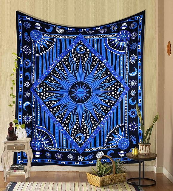 THE ART BOX Burning Sun Zodiac Aesthetic Hippie Tapestry Blue - 215x230 cm Mandala Indie Cotton Celestial Large Wall Hanging Tarot Trippy Tapestries for Bedroom