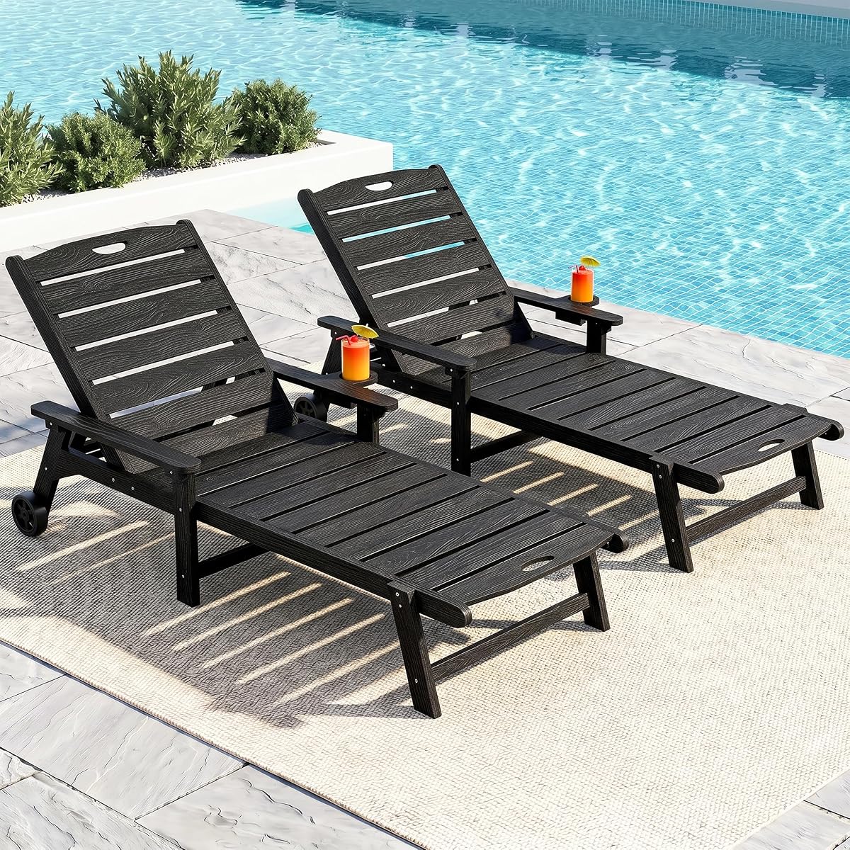 Outdoor Lounge Chair Set of 2 with 5-Position Adjustable, Outside Lounge Chair with Cup Holder, Wheels for Easy Mobility, HDPE Tanning Chair for Poolside, Patio, Black
