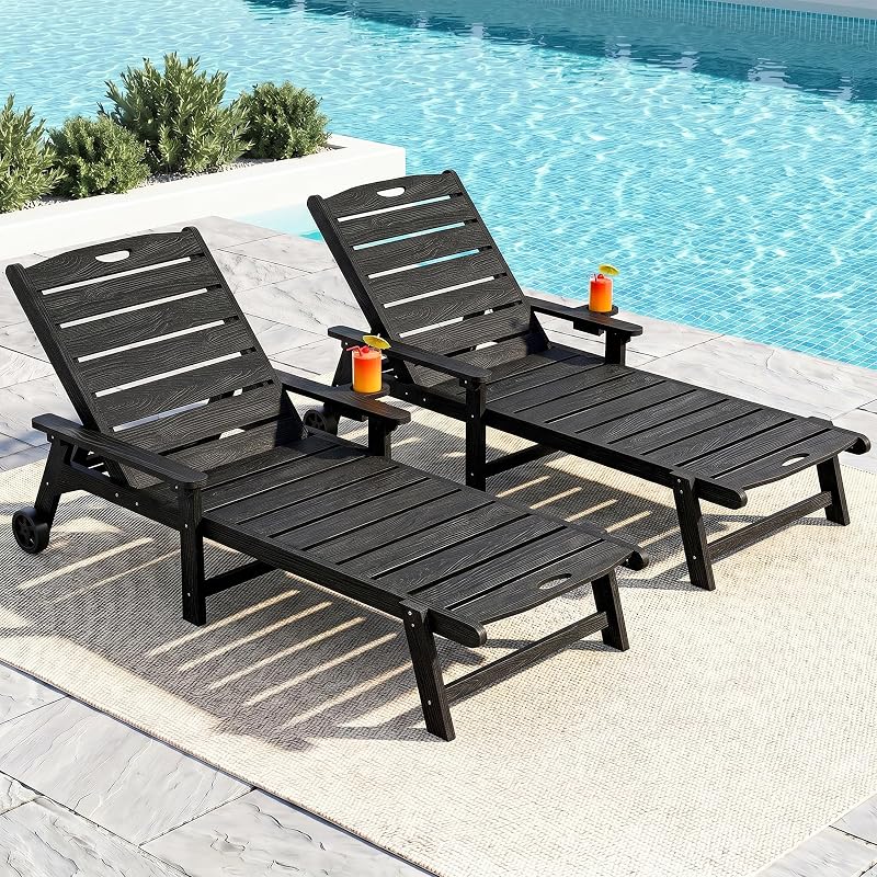 Outdoor Lounge Chair Set of 2 with 5-Position Adjustable, Outside Lounge Chair with Cup Holder, Wheels for Easy Mobility, HDPE Tanning Chair for Poolside, Patio, Black