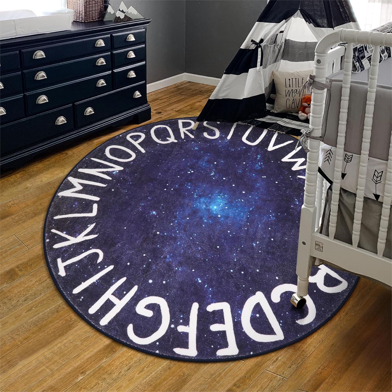 LIVEBOX Space Play Room Round Kids Rug for Boy and Girl, Circle Alphabet Washable Rug Crawling Nursery Rug for Playroom, Galaxy Non-Slip Play Mat Learning Carpet for Children Room (59",Star Blue)