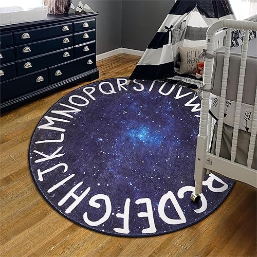 Miniatura 8 de LIVEBOX Space Play Room - Alfombra redonda para niños y niñas, alfombra lavable con alfabeto circular, alfombra para cuarto de bebé, alfombra