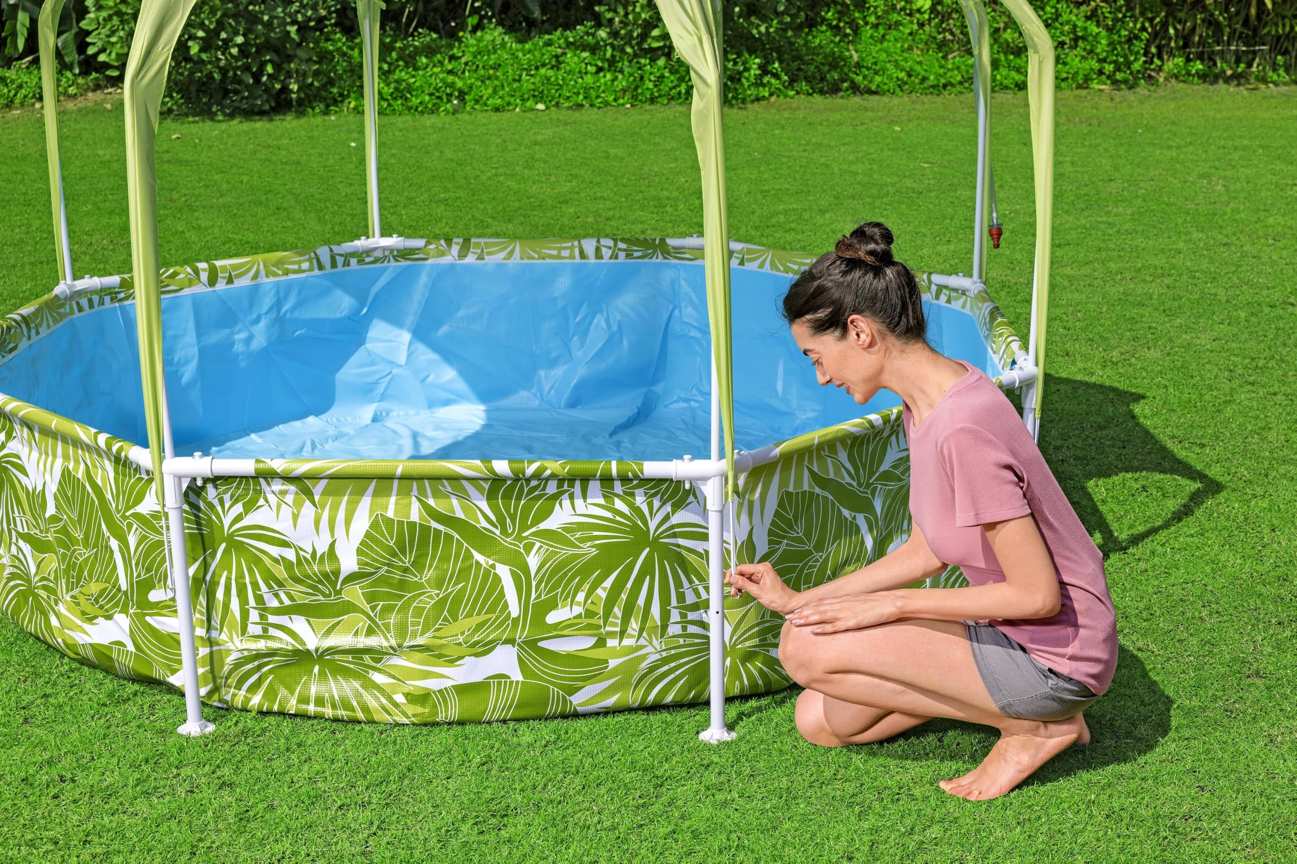 Bestway Steel Pro UV Careful Frame Pool, 244 x 51 cm, Splash-in-Shade, mit Sonnenschutzdach, ohne Pumpe, blau