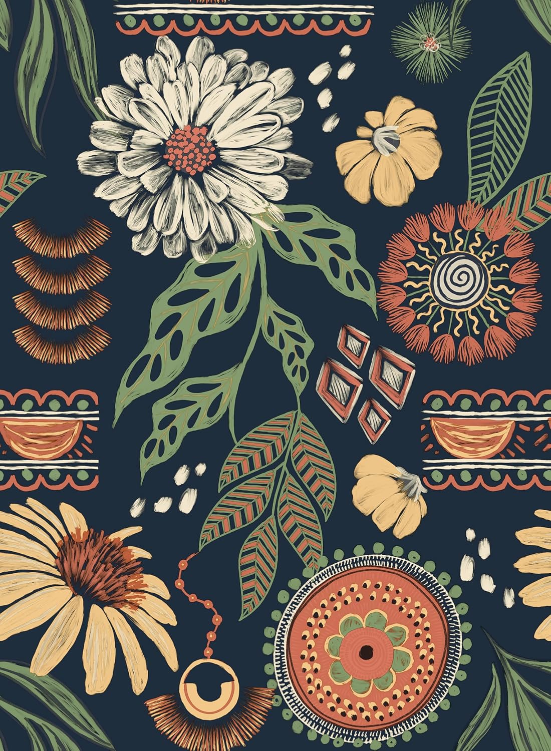 Simon&Siff Boho Wallpaper Peel and Stick, 17.3" x 480" Sun Floral Retro Removable Contact Paper Dark Botanical Flowers Wall Mural for Decorative Bedroom Bathroom Home Wall