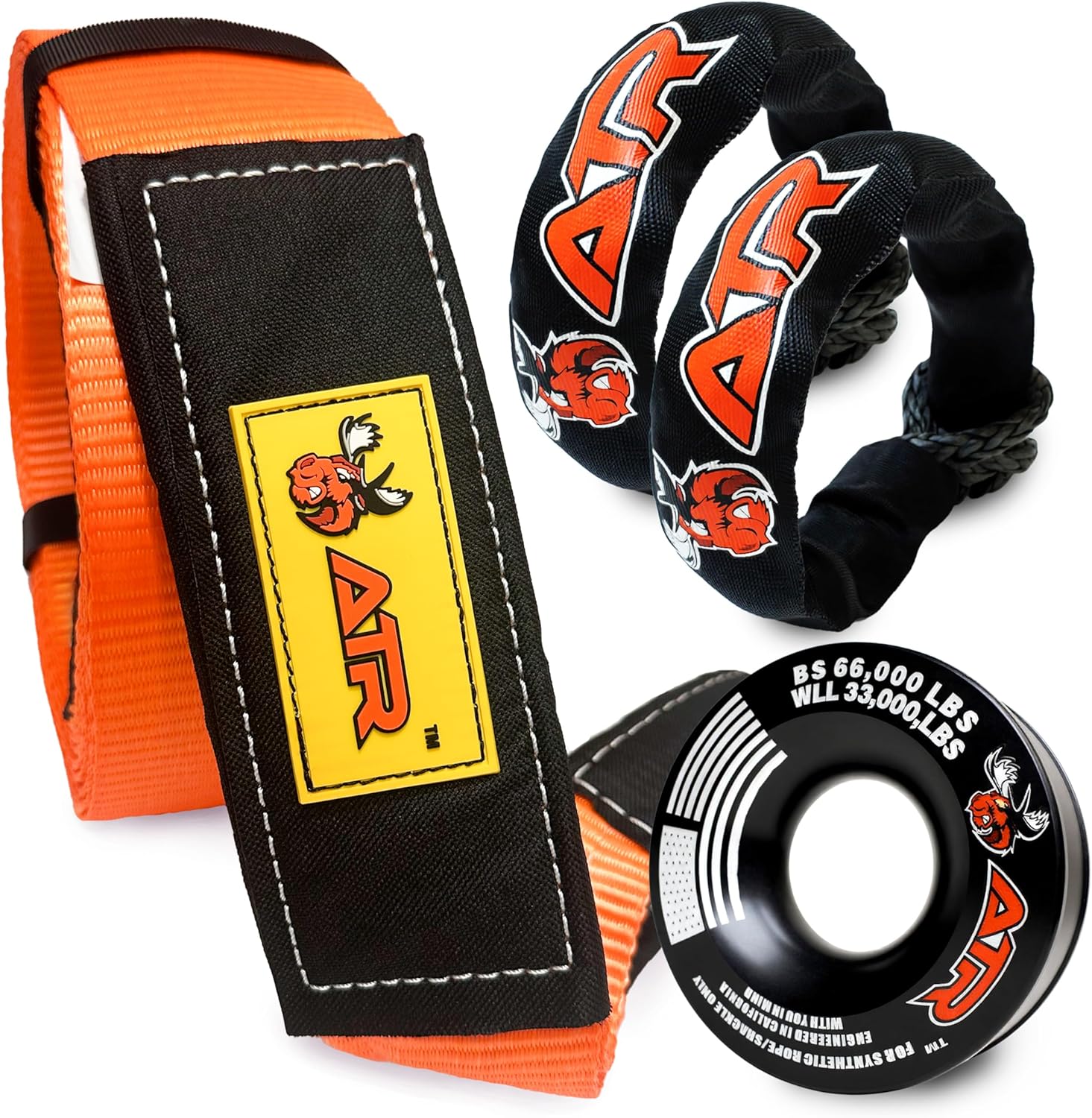 ATR Off-Road Recovery Kit – Tree Saver Strap 3.5”x8ft (36,000 lbs) + (2) ½”x24” Soft Shackles + Recovery Ring (66,000 lbs) – Heavy Duty Tow Strap Set for Truck, Jeep, SUV, 4x4, ATV