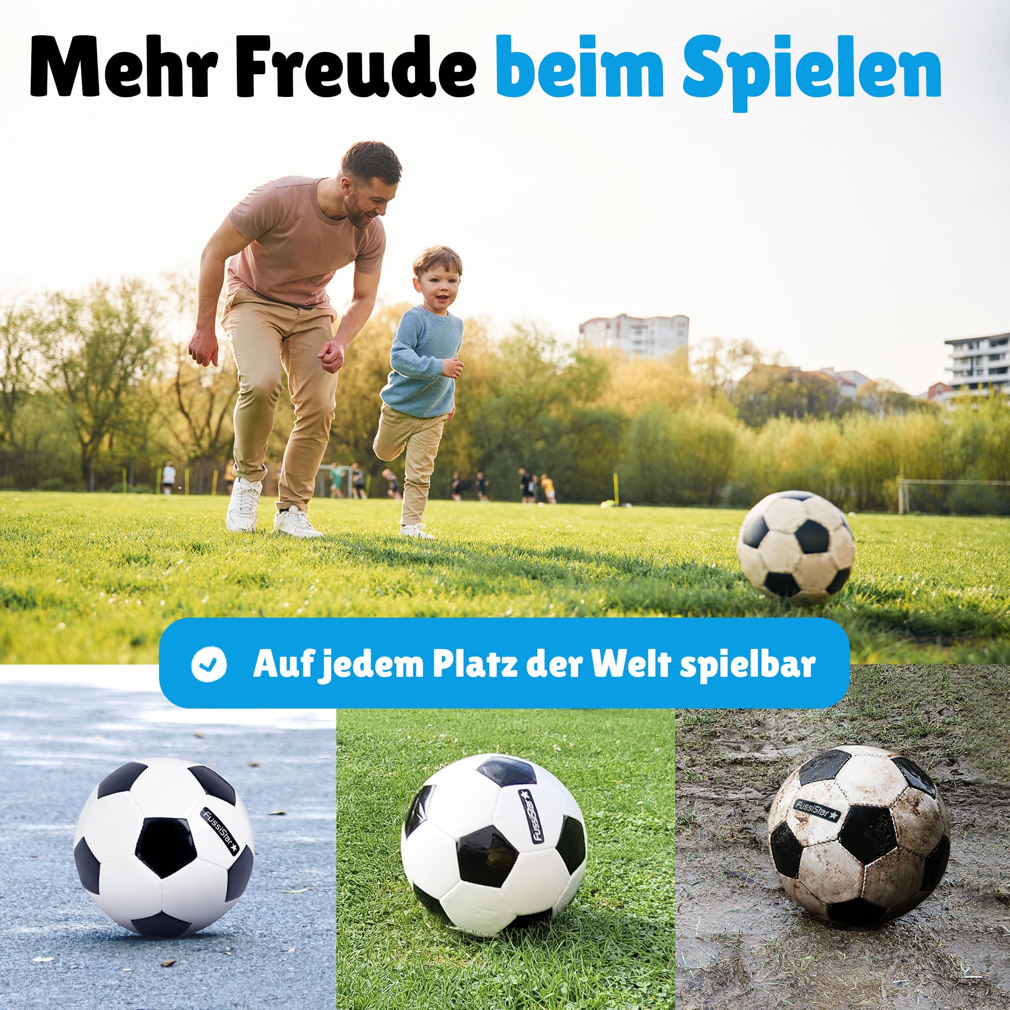 Fußball Größe 3, klassisch schwarz-weiß, für Kinder ab 3 - 7 Jahre. Robust & hochwertig, 290g leicht, klein und weich, als Bambini-Fussball, Spielball für Kinder oder als Geschenk - Set mit Ballnadel