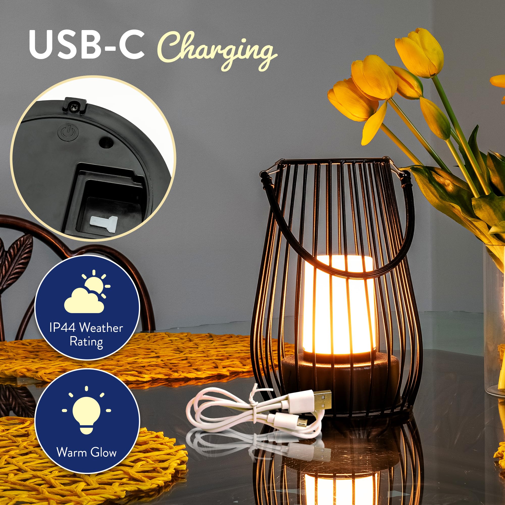 USB Rechargeable Metal Cage Lantern - Outdoor & Indoor Black Lantern With Carry Handle