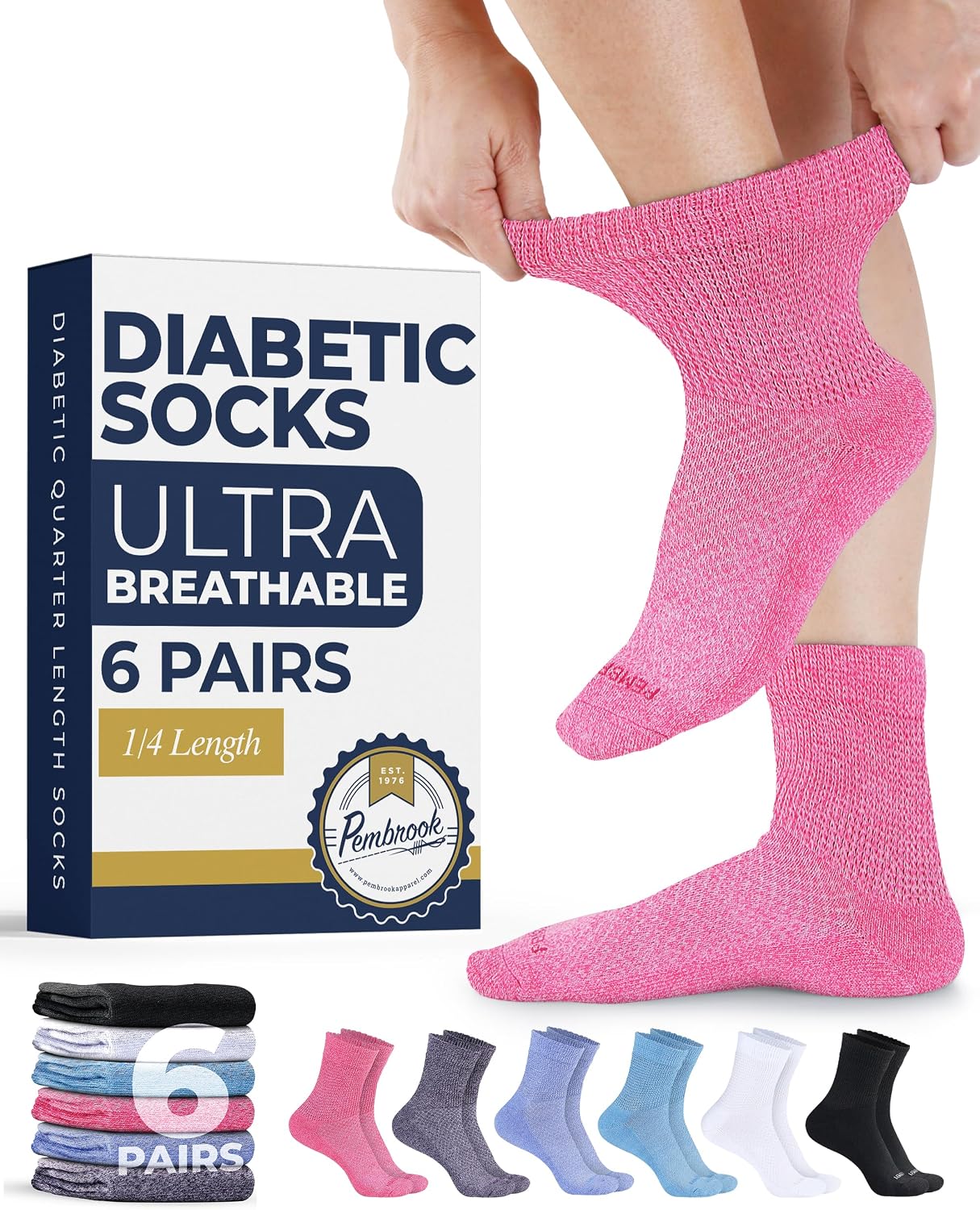 Pembrook Diabetic Ankle Socks for Men & Women | 6 Pairs Wide Non Binding Socks Quarter Length | Edema Neuropathy Socks