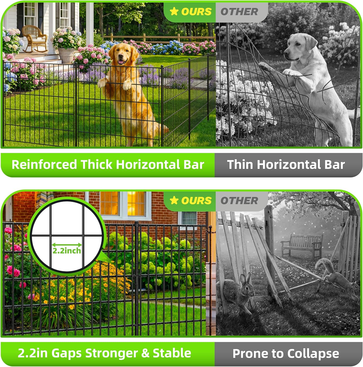 5 Panels No Dig Decorative Garden Fence with Gate, 48in(H) x 12.5ft(L), Dog Fence Outdoor for Yard - Rustproof Metal Animal Barrier Fencing for Patio, Flower Bed, Ideal for Dogs, Rabbits