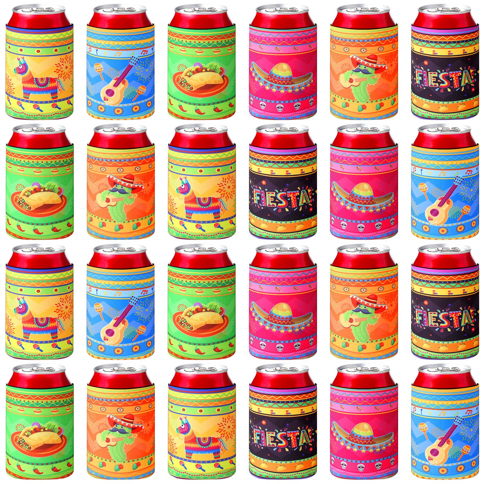 Shellwei 24 Mexican Can Cooler Sleeves Fiesta 12 oz Insulated Neoprene Can Cover for Soda Beer Beverages Cactus Mexican Party Decorations Cincode Mayo Fiesta Party Supplies (Novel)