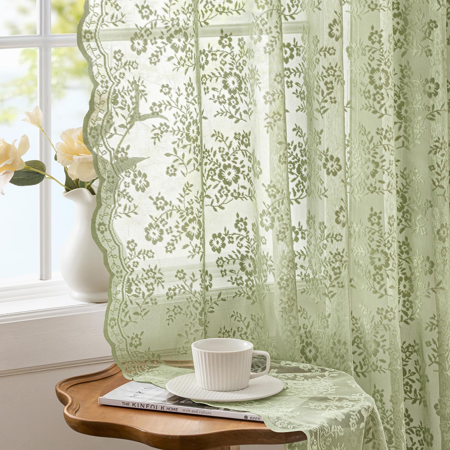 Woaboy Vintage Lace Curtains 72 Inches Long with Floral and Branch Pattern, Elegant Romantic Sheer Light Filtering Lacy Drapes for Living Room Bedroom, 52 x 72 Inch Sage Green, Set of 2 Panels