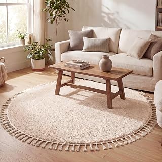 Teppich Hochflor Rund - Lofty Fringe Creme Weiß - Ø 100 cm | Einfarbig - Ländlich, Modern, Skandinavisch - Wohnzimmer, Esszimmer, Schlafzimmer - Fellteppich