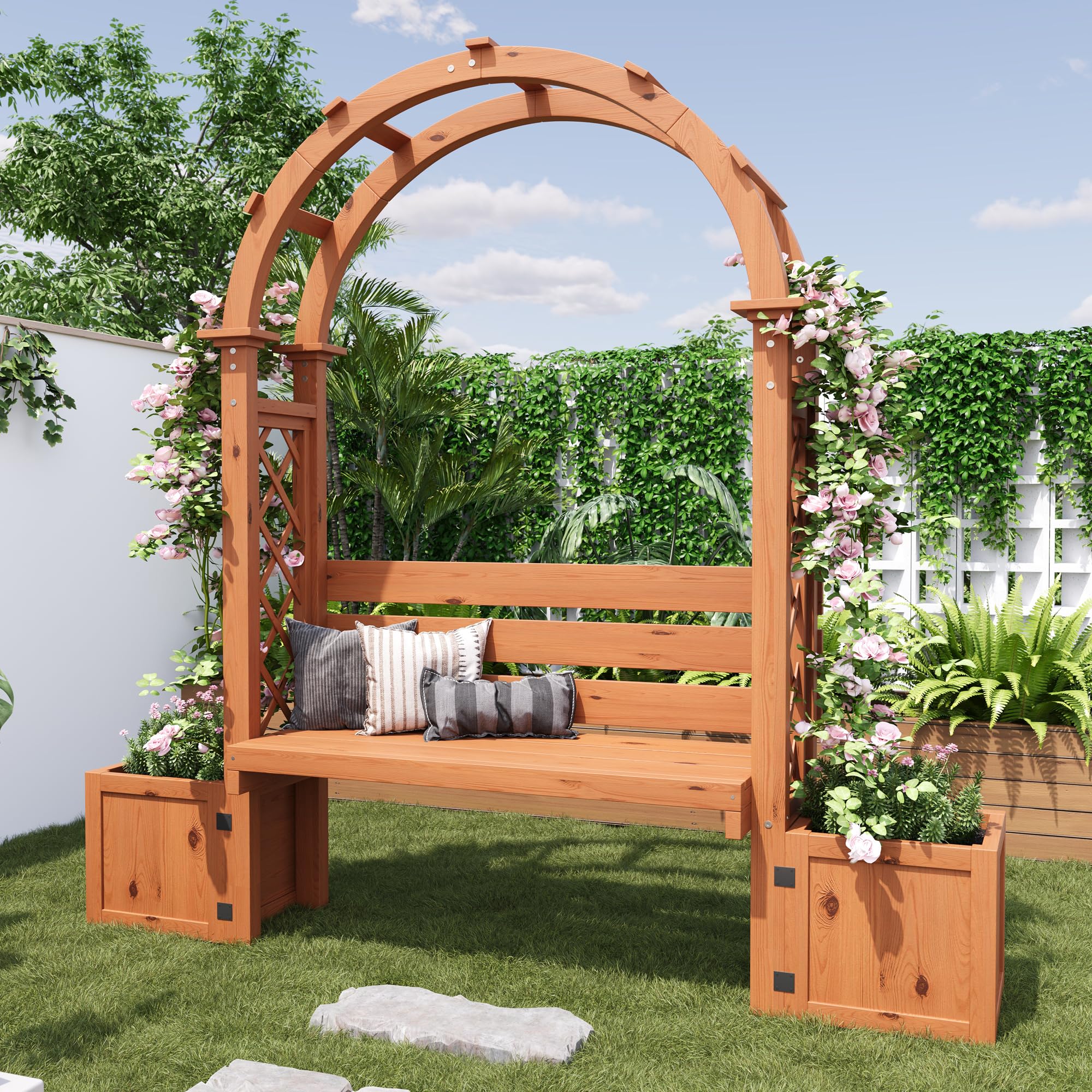 Blumenkasten mit Rankgitter, Pflanzkasten als Sichtschutz für Hof | Für Garten Balkon, Outdoor Pflanzkübel Pflanzgefäß aus Holz, Blumenkübel mit Spalier für Terrasse, 160x160x30,5 cm, Natur
