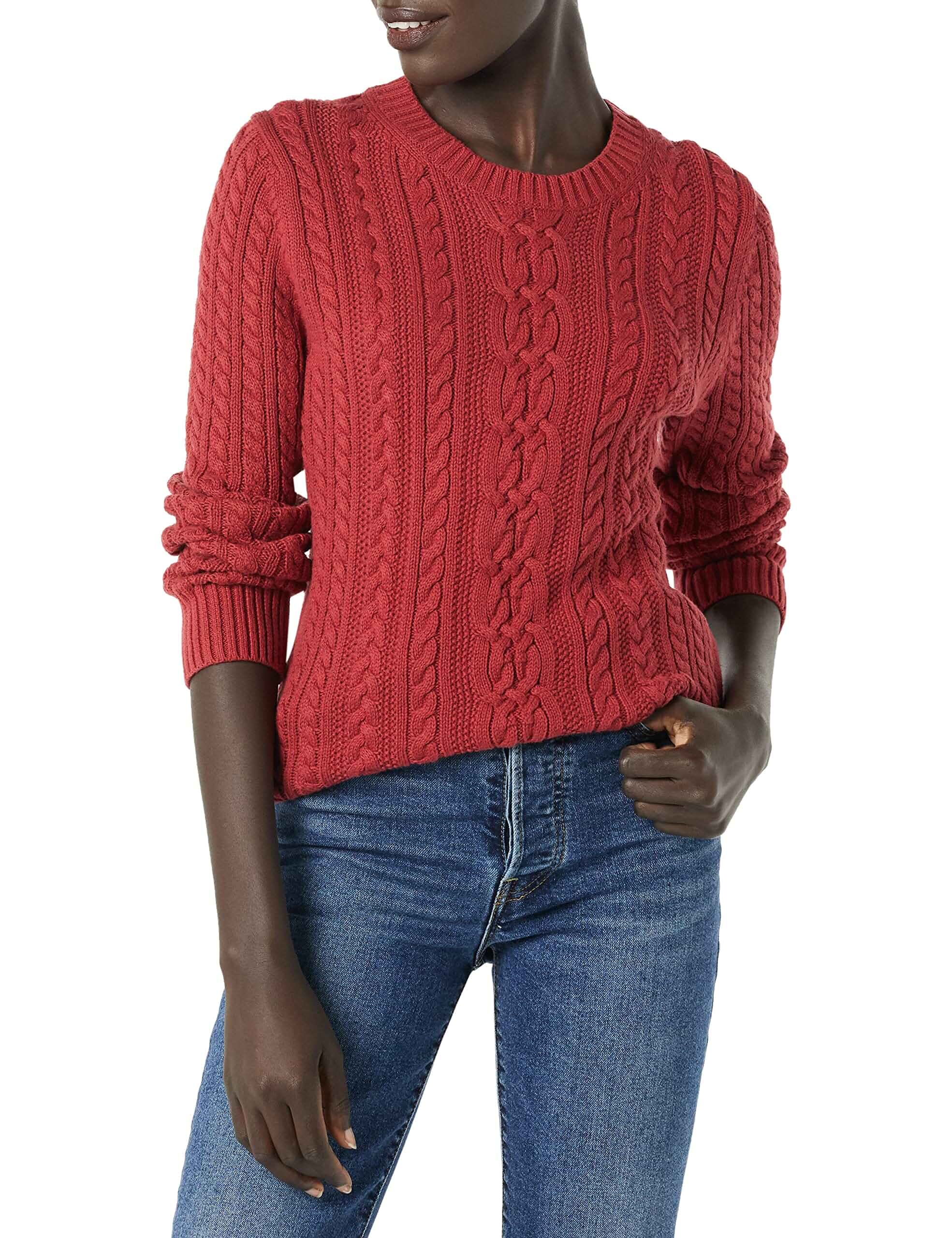 Amazon Essentials Women's Regular Fit Soft Cotton Cable Knit Ribbed Crewneck Sweater (Available in Plus Size)