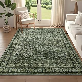 5x7 Washable Rug for Living Room, Vintage Indoor Area Rug Non Slip, Thin Throw Floral Floor Low Pile Carpet for Bedroom Dining Room Office Nursery Dorm Distressed Green