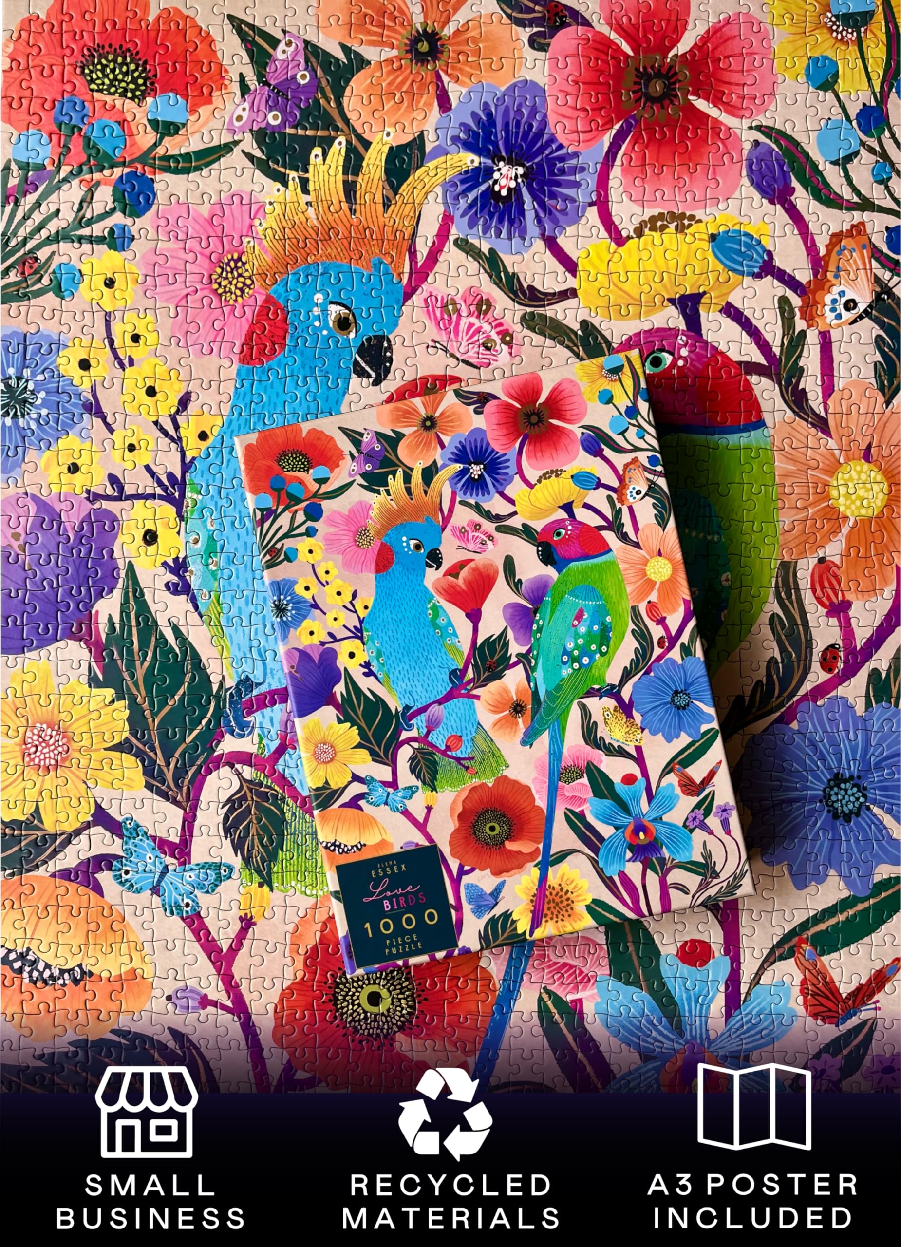 Elena Essex 1000 Piece Jigsaw Puzzle for Adults - Lovebirds With Colourful Art Butterfly and Bird Design - 70x50cm - Image 3