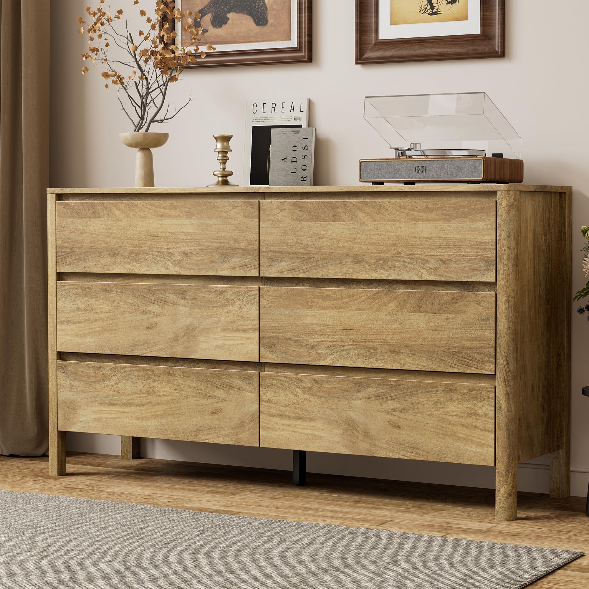 55.1" Wide 6 Drawer Wood Dresser for Bedroom with Legs, Natural Oak