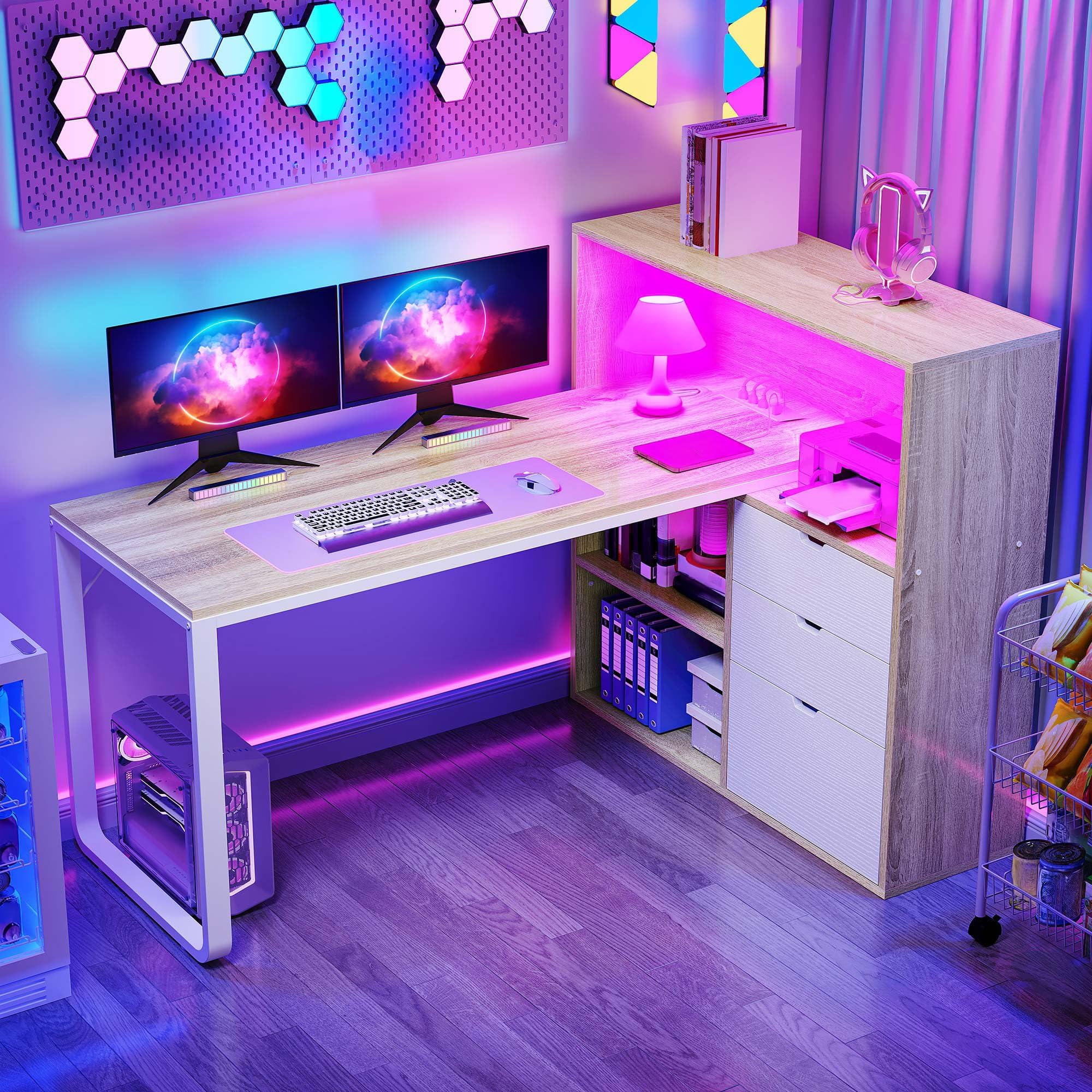 DWVO L Shaped Desk with Drawers, 55" Corner Computer Desk with Bookshelf & Power Outlets & LED Lights, Home Office Desk with Storage Shelves, Oak & White