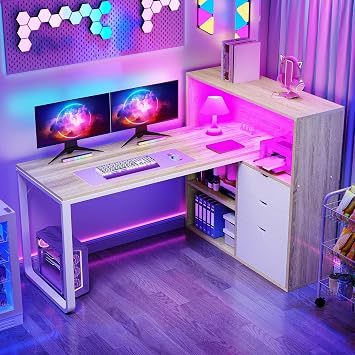 DWVO 55" L Shaped Corner Desk with Bookshelf, Power & LED, Oak White