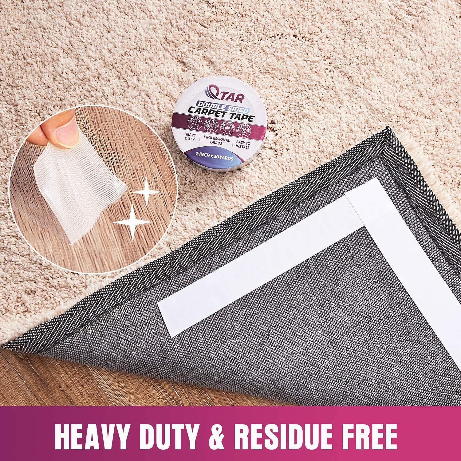 Removable Double Sided Carpet Tape, Heavy Duty Sticky tape, 2 Inch X 15 Yards, Rug Tape Anti-Slip for Area Rugs, Hardwood Floors, Stair Treads, Rugs, Carpet Over Carpet Adhesive