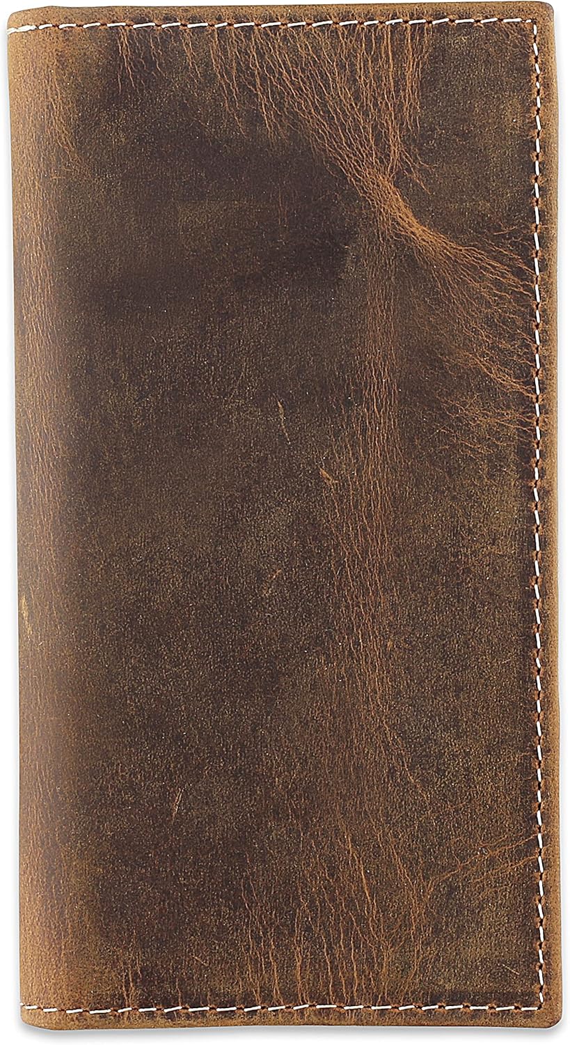 F&L CLASSIC Men's RFID Vintage Look Genuine Leather Long Bifold Wallet Checkbook Wallets,buffalo wax vintage leather,240 wax brown w/white stitching