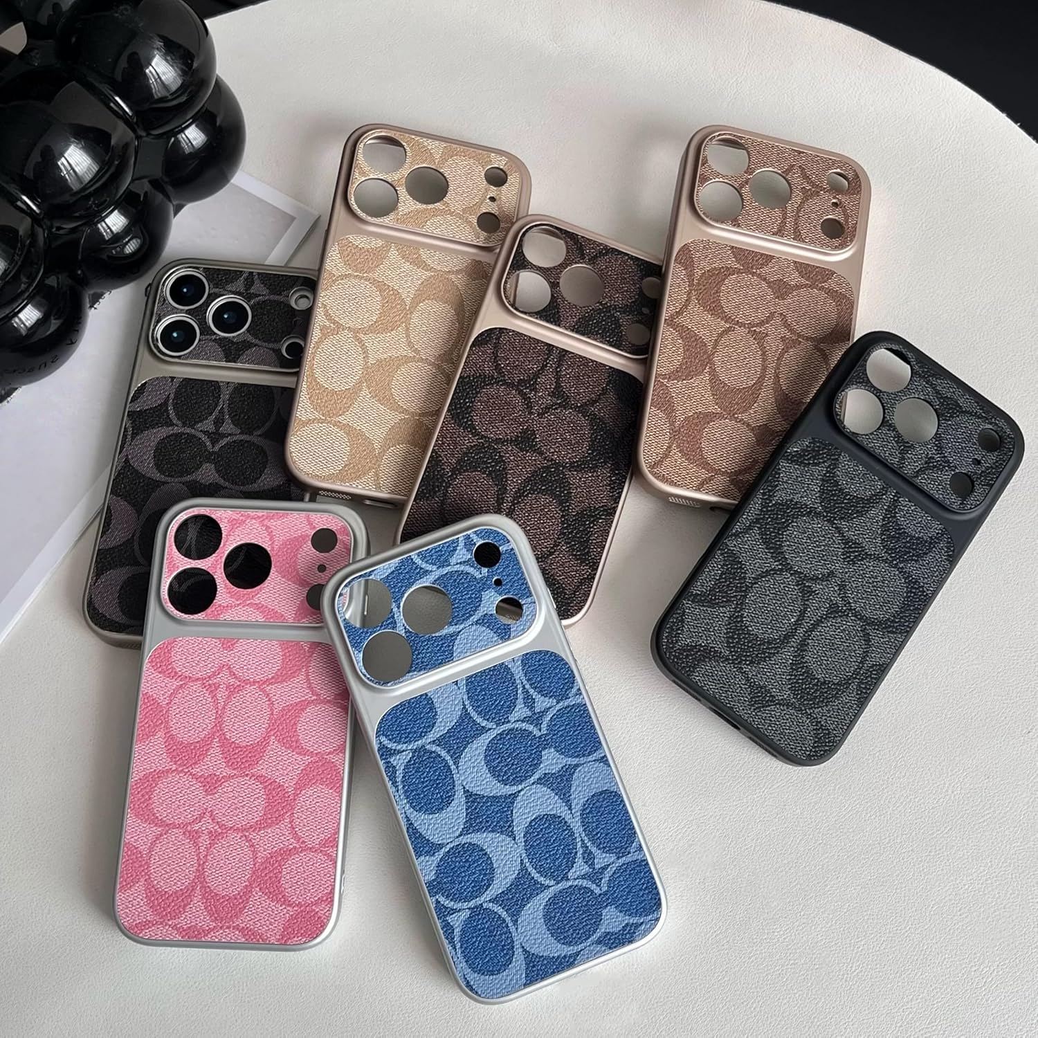 Leather Phone Case for iPhone with Camera Lens Protector, Designer Textured Leather Pattern, Full Shockproof Protection Anti-Scratch Phone Cover Compatible with iPhone (Khaki, iPhone 17 Pro)