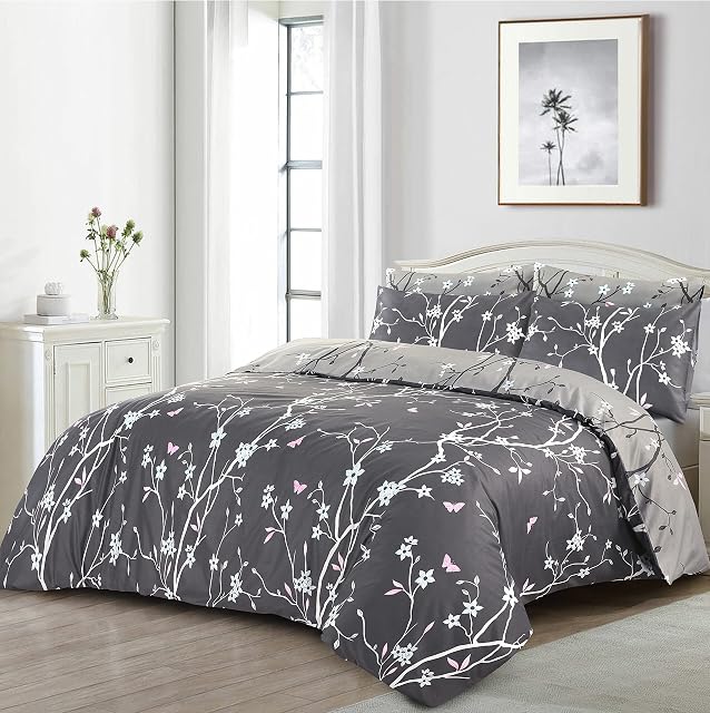 Duvet Cover Set 100% Cotton 200 Thread Count Stripe Quilt Covers White / Silver / Grey Reversible Bedding Sets. (Super King)