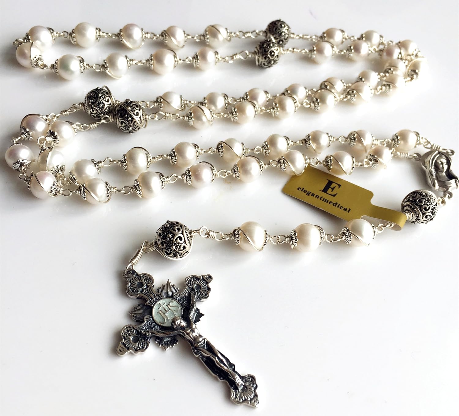 elegantmedical Wire Wraped Bali 925 Sterling Silver Pearl Beads Rosary Necklace Cross