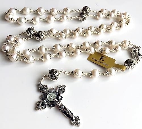Miniatura 5 de elegantmedical Alambre envuelto Bali 925 perlas de perlas de plata esterlina rosario collar cruz, Plata esterlina