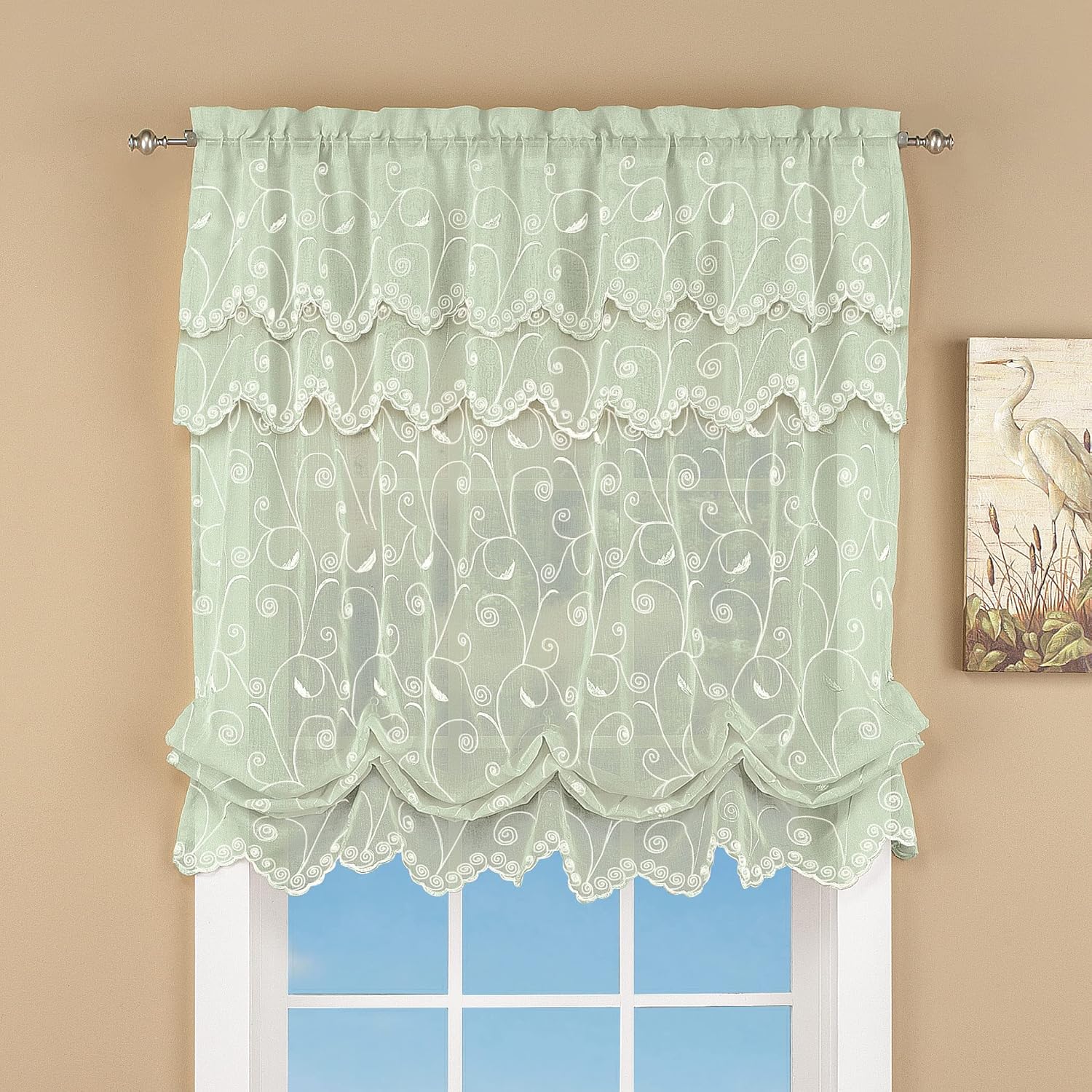 Collections Etc Sheer Balloon Curtain Shade with Scroll Pattern & Rod Pocket Top, 63" L x 54" W, Sage, 54" X 63"