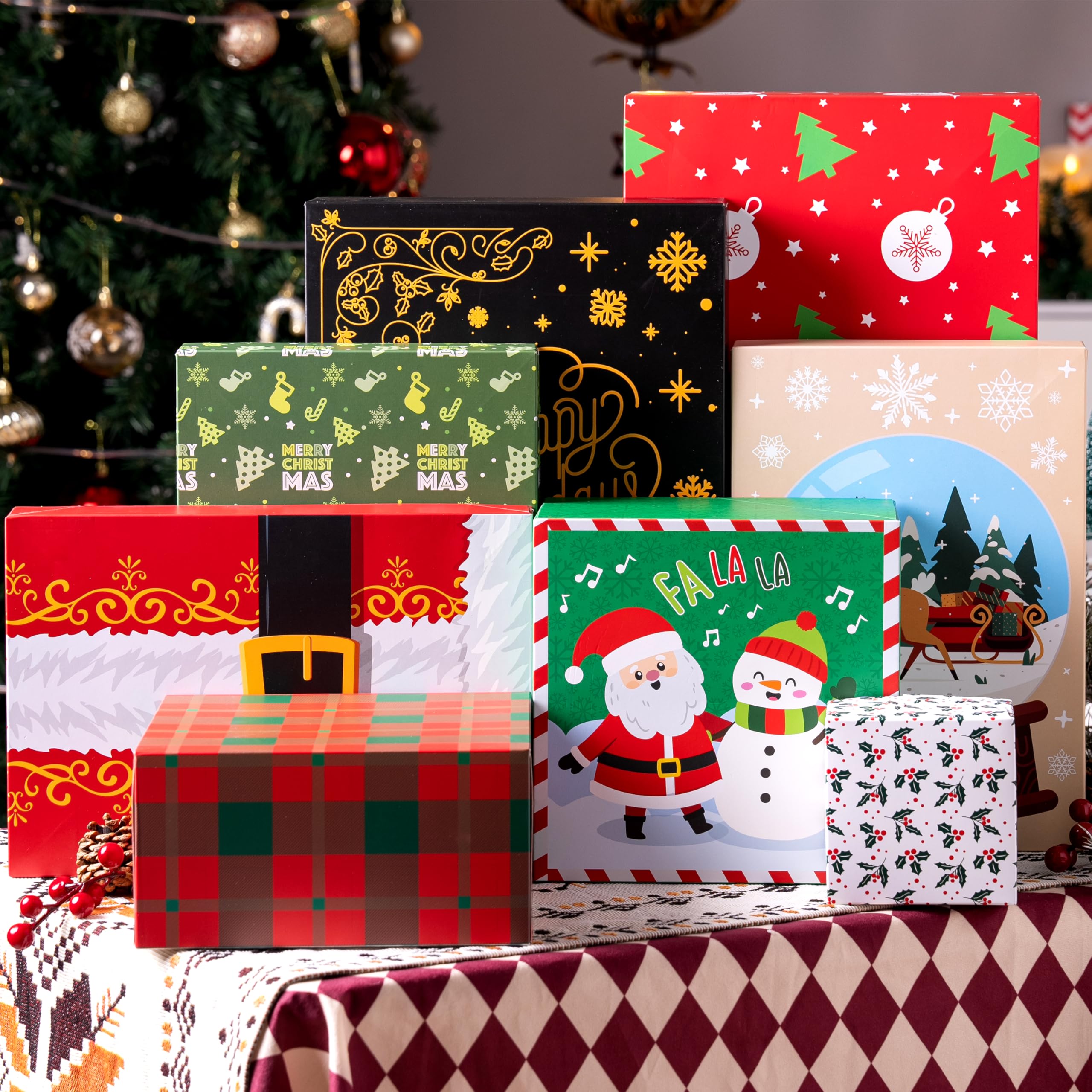 JOYIN 12 Stück Weihnachts-Geschenkboxen mit Deckel für Geschenke, große Robe, Pappschachteln, Weihnachtsmotiv, dekorative Box für Kleidung, Geburtstag, Urlaub, Hochzeit, Geschenkverpackung, Dekoration