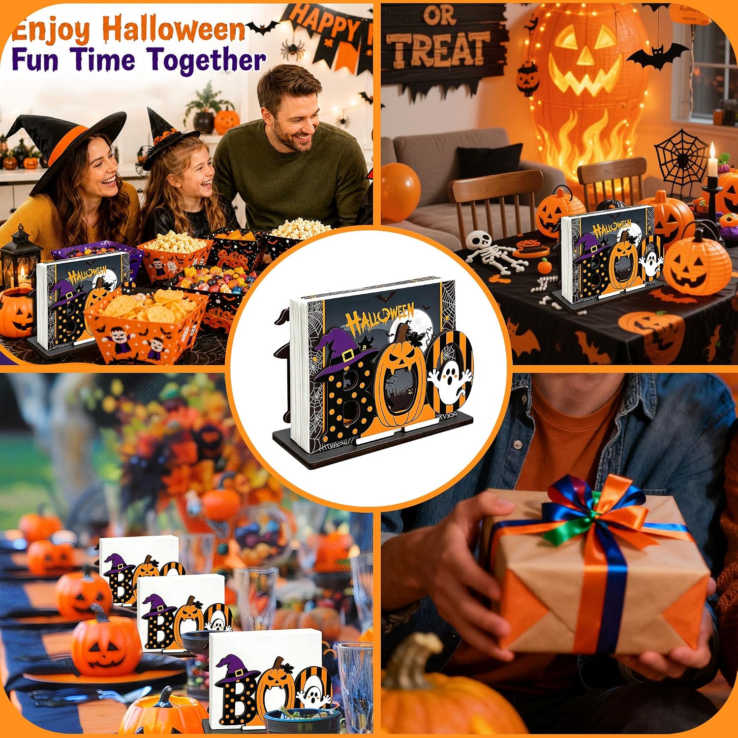 Ghost Halloween Napkin Holder, Wooden Pumpkin Tissue Dispenser for Party