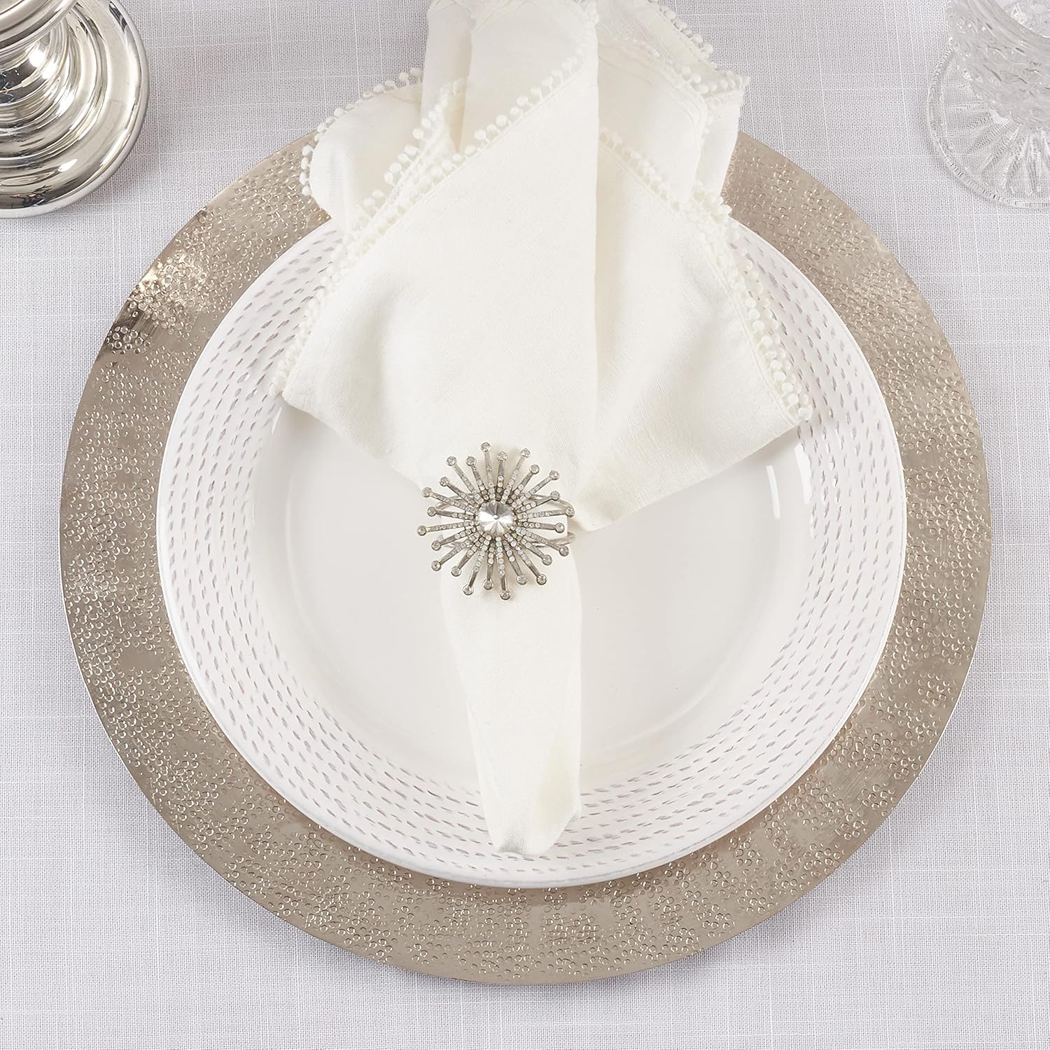 SARO LIFESTYLE Collection Jewel Starburst Napkin Rings (Set of 4), 1.5, Silver