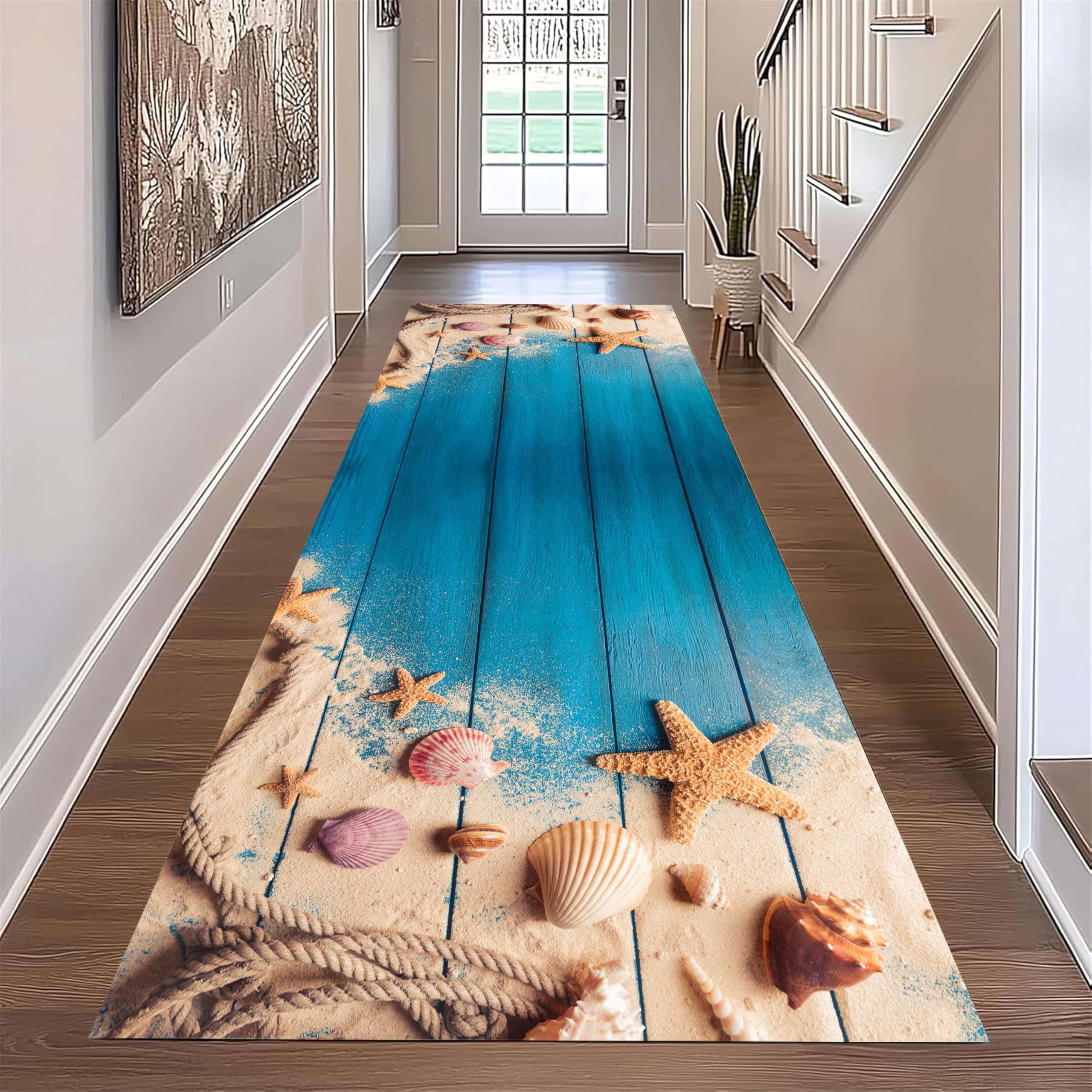 ZCLRUG Ocean Hallway Runner Rug 60 x 180 cm, Seaside Starfish Seashell hemp rope board Nature Theme Long Rug, Soft Non Slip Low Pile nautical style Floor mat for Entryway Bedroom Kitchen Carpet