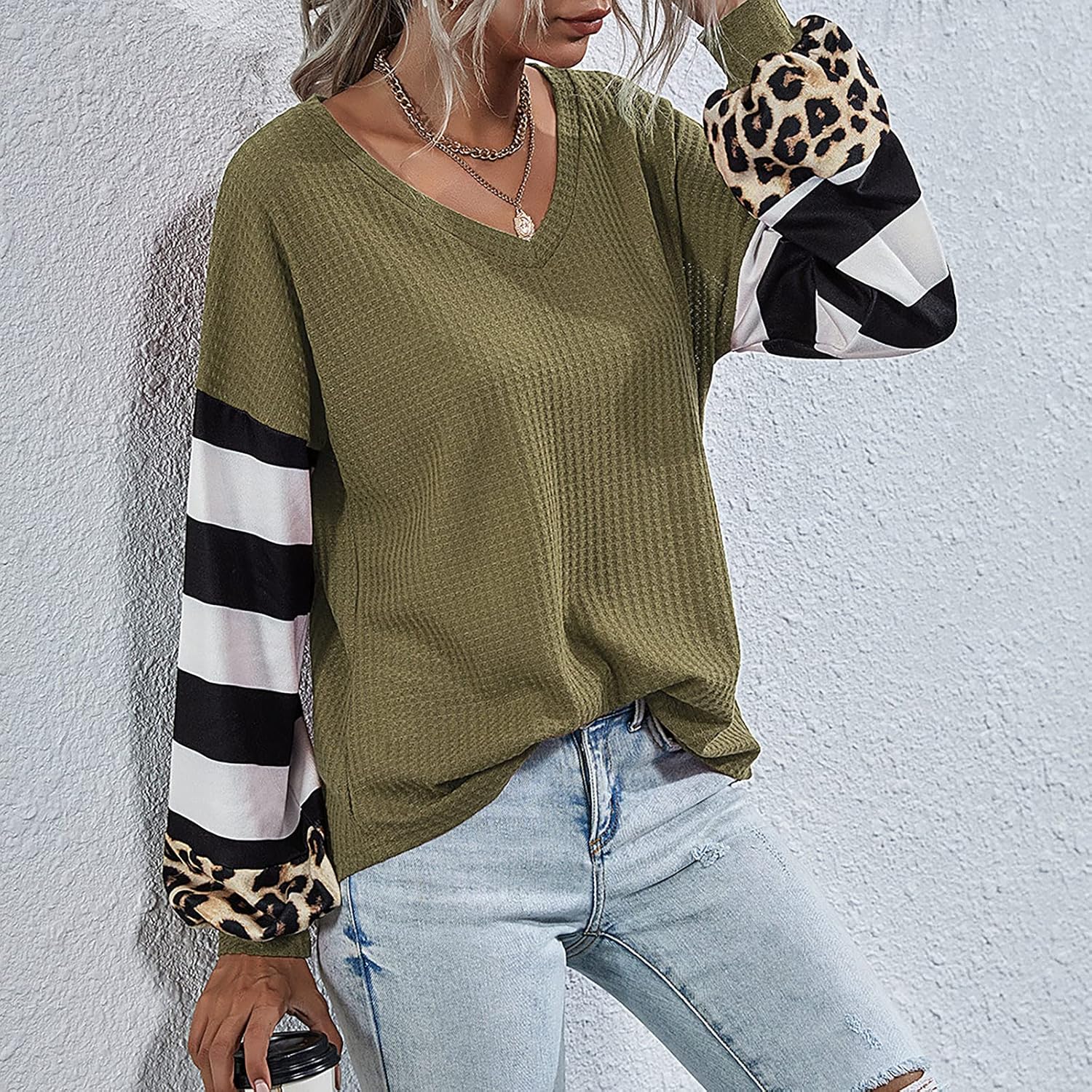Womens Leopard Print Tops Long Sleeve V-Neck Casual T Shirts Tees Color Block Tunic Striped Causal Blouses : Sports & Outdoors