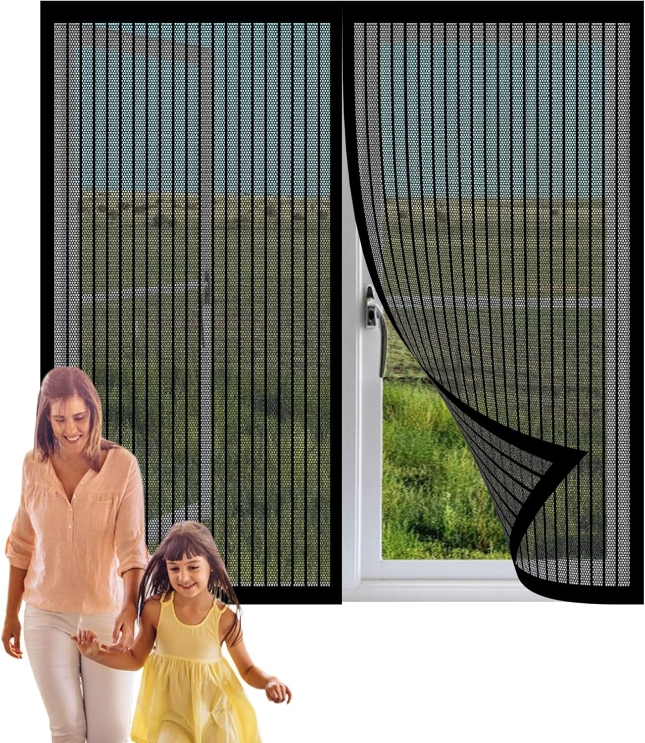 窓 網戸 後付けブラウン 175 x 200 cm 網戸キット蚊防ぐ出入り楽々窓ベランダ玄関勝手口, ブラック
