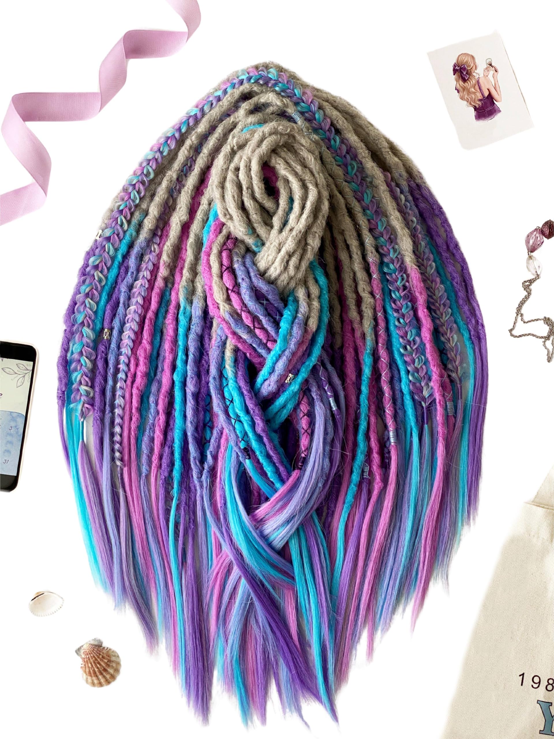Blue Merino Wool Clip In Dreadlocks Extensions Handmade Miss Violet Lace Purple Curly Dreads for Sale, Buy Synthetic Dreadlocks main image 3