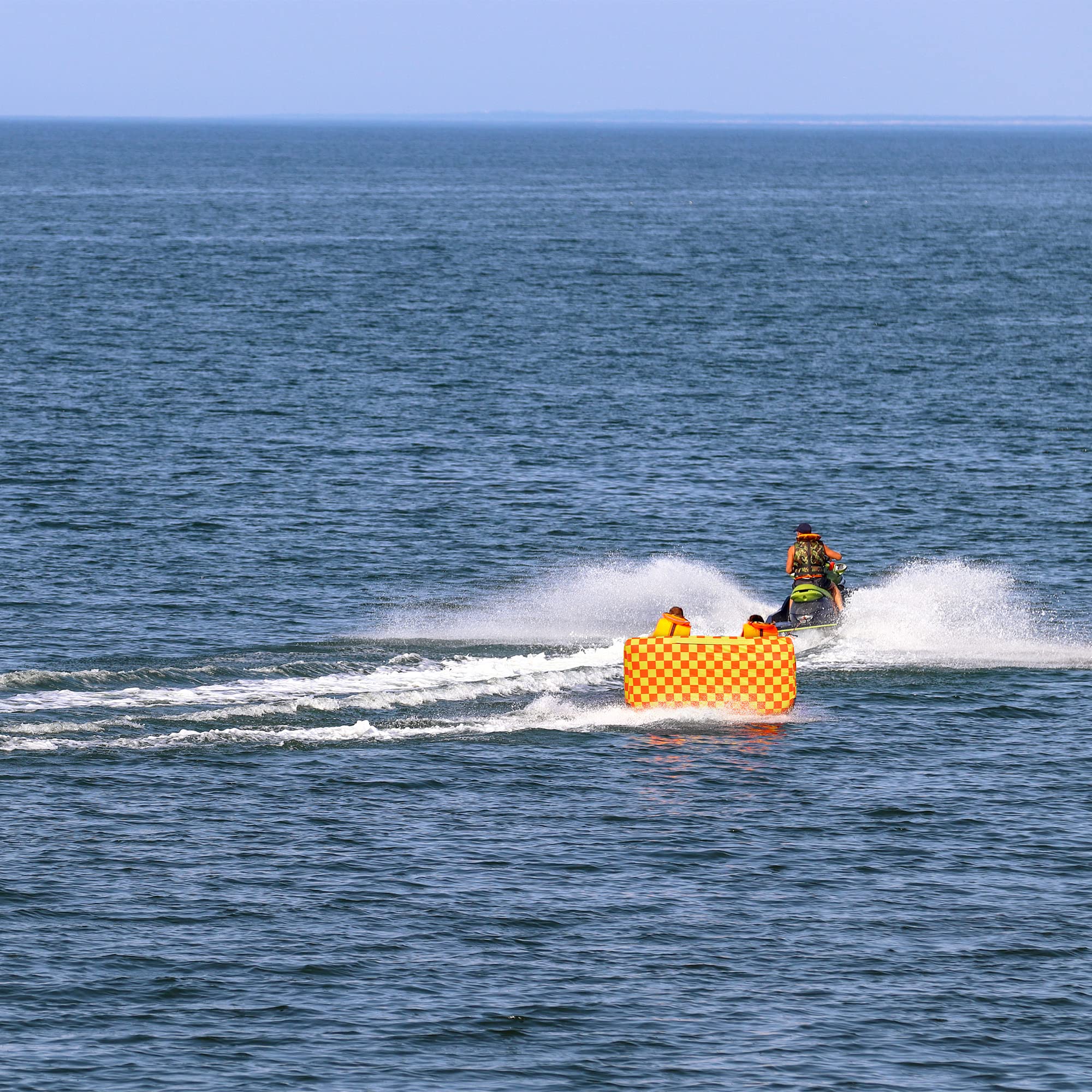 SUNNY & FUN Towable Water Tube - 2-Person Inflatable Floating Raft with Cushion Seats, Grip Handles, Dual Tow Points & Speed Safety Valve for Fast Inflation - 12V Air Pump & Tow Rope Included