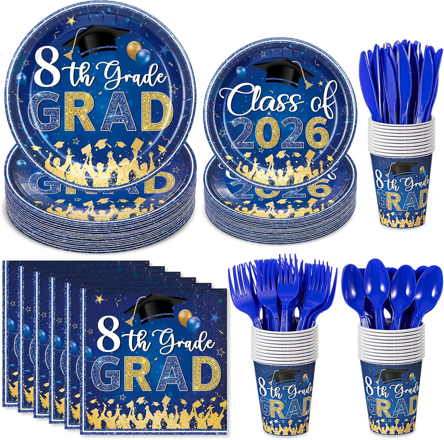 Jingmore 175 Pcs 8th Grade Graduation Party Supplies 8th Grade Graduation Decorations Tableware Class of 2026 Middle School Plates and Napkins Cups Knives Forks Spoons for Grad Party Serve 25 (Blue)
