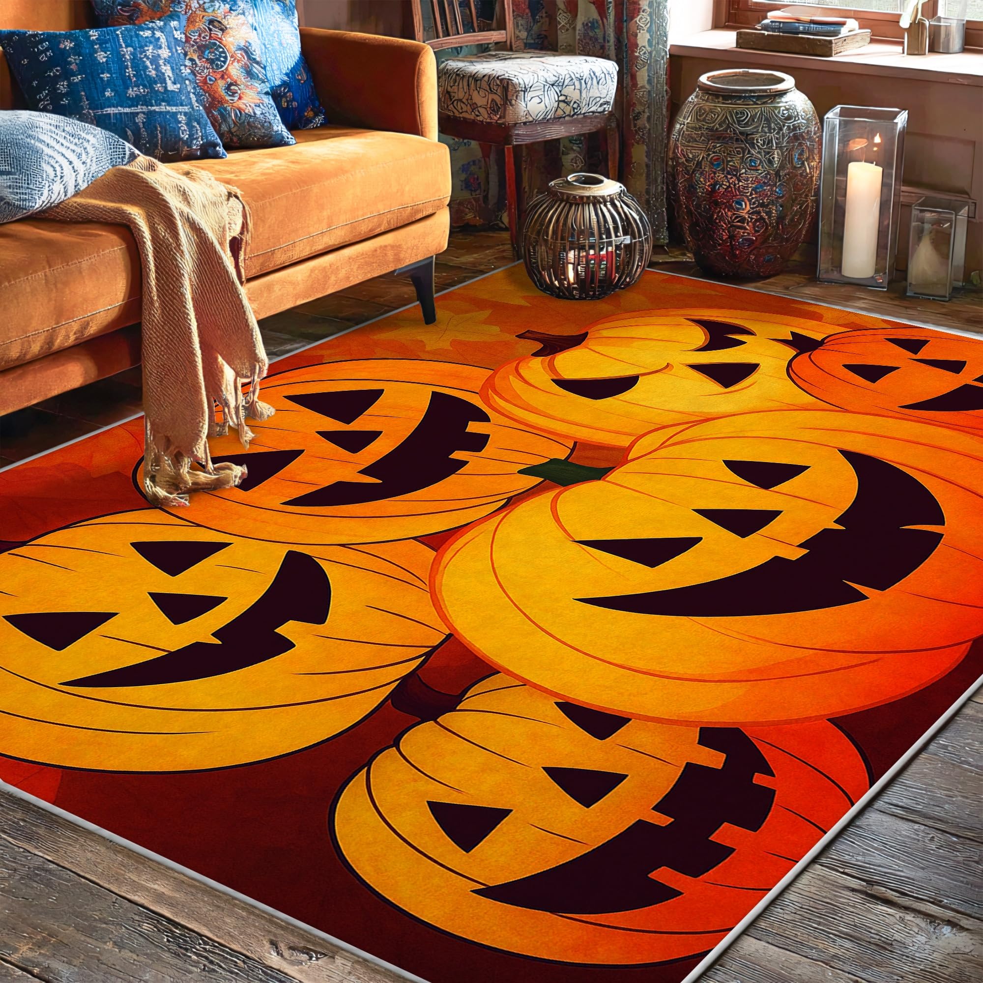Tapis de citrouille Halloween 1,5 x 2,1 m avec envers antidérapant haute adhérence