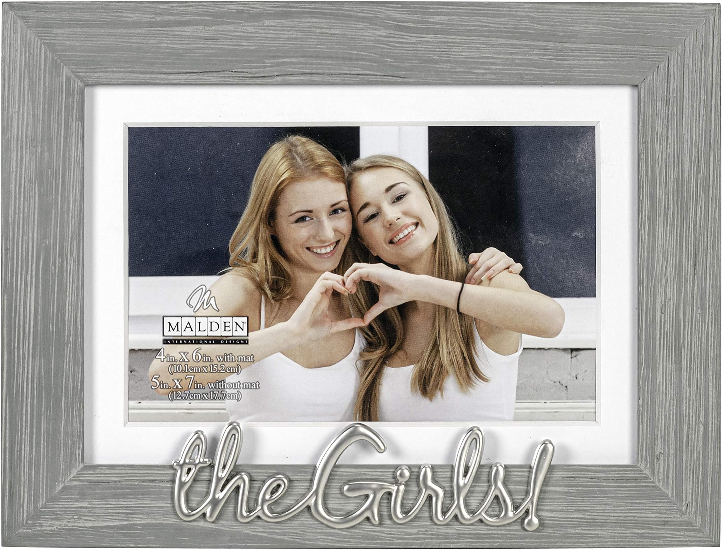 International Designs 4x6 or 5x7 The Girls! Distressed Expressions Picture Frame Silver Finish The Girls! Word Attachment Gray Textured Wood Grain Finish MDF Frame White Beveled Mat