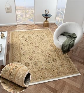 MY-RUG Teppich Ben 2" rechteckig Cream 200 x 140 cm, Großer Orientteppich Wohnzimmer Vintage Kurzflor Orientalisch, Weicher Schlafzimmerteppich im Boho Design Medaillon Klassisch Muster