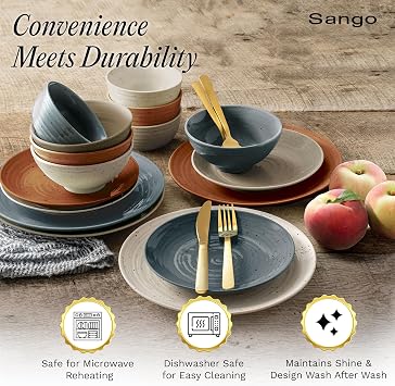 Sango Siterra Painter's Palette 16-Piece Stoneware Dinnerware Set - Service for 4, Ceramic Plates and Bowls Sets, Chip Resistant, Rustic Dishware, Microwave & Dishwasher Safe Kitchen Dishes