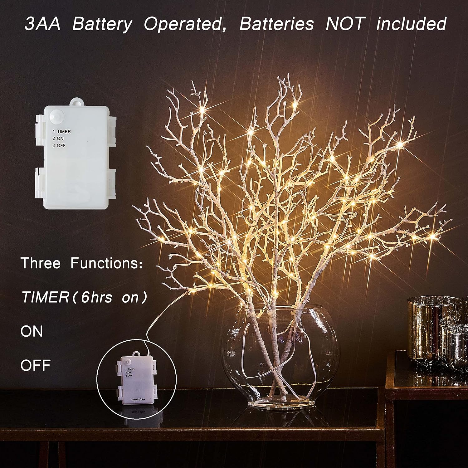 Hairui Lighted White Branches Battery Operated with Timer 75 LED Fairy Lights 21IN, Twig Lights for Home Halloween Christmas Decoration Indoor Outdoor